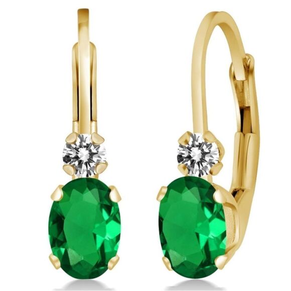 14K Yellow Gold with 0.87 Cttw Emerald and White Diamond Leverback Drop Earrings - Picture 1 of 4